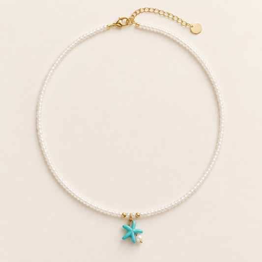 Collier Athènes Merveilleuse Bijoux, chaîne petites perles blanches pendentif étoile de mer émaillée turquoise perle nacrée