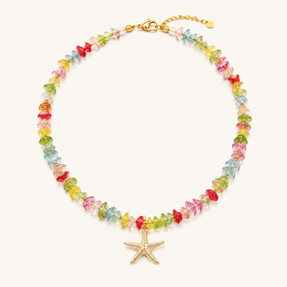 Collier Honolulu Merveilleuse Bijoux, chaîne perles multicolores pendentif étoile de mer dorée